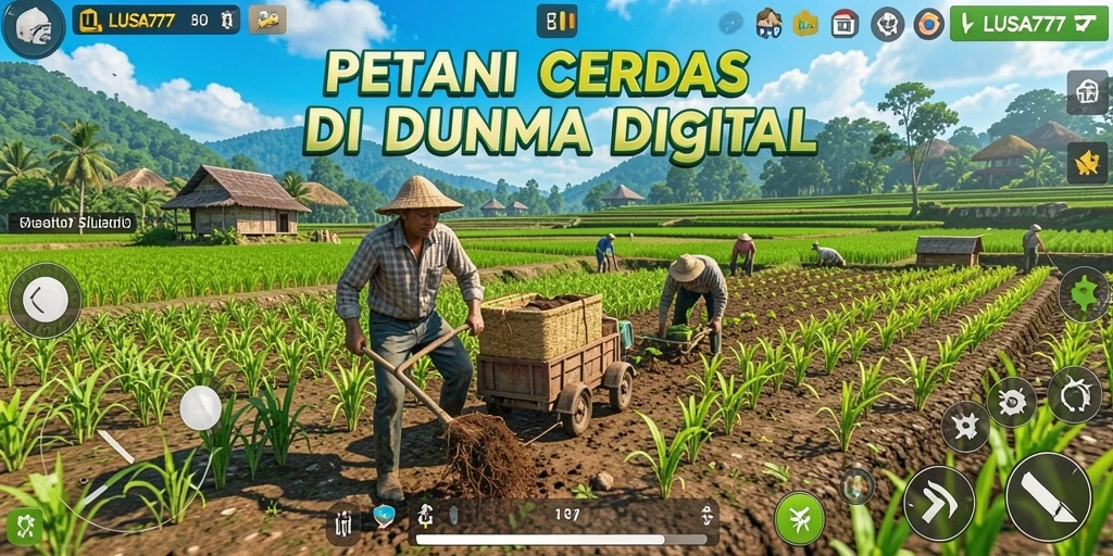 Screenshot utama LUSA777 dengan tampilan ladang yang subur dan tanaman berwarna-warni.