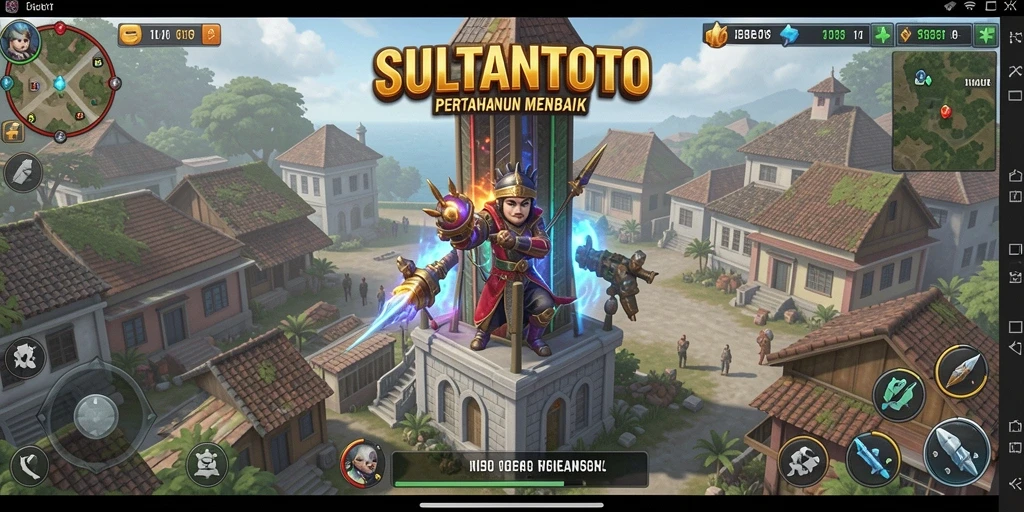 Screenshot gameplay SULTANTOTO yang menampilkan pertempuran Tower Defense.